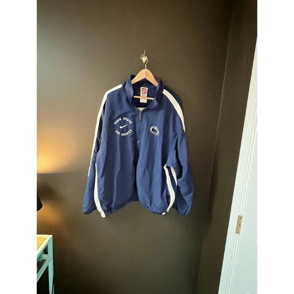 Vintage 90s Nike Penn State Ice Hockey Full Zip Windbreaker Jacket Blue Men XL